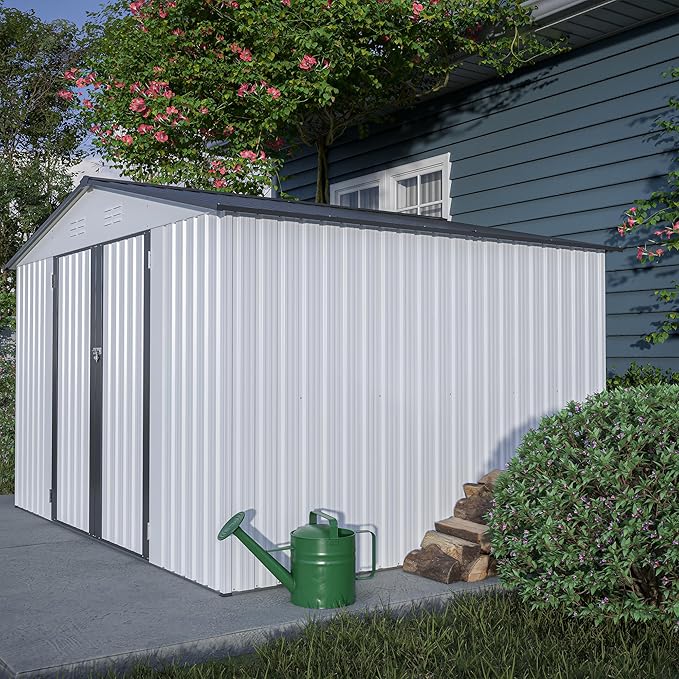 10X8 FT Outdoor Storage Shed, All Weather Metal Sheds with Lockable Doors, Tool Shed for Garden, Patio, Backyard, Lawn, White