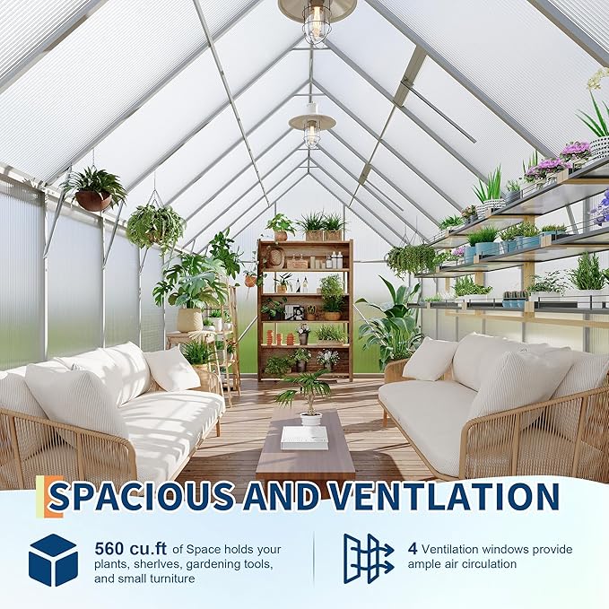 8'X16' Aluminum-Framed Polycarbonate Greenhouse, Heavy Duty Polycarbonate Greenhouse with Quick Setup Structure and Roof Vent, Large Enhanced Aluminum Greenhouses Kit for Outdoors