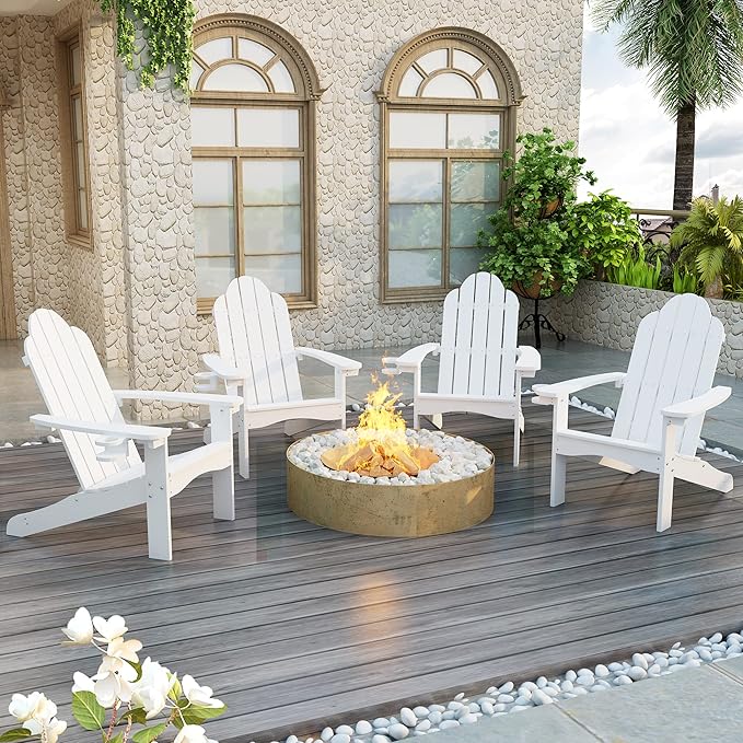 LUE BONA HDPS Adirondack Chairs Set of 8, Fire Pit Outdoor Chair Weather Resistant with Cup Holder, Modern Plastic Chair Plastic for Patio, Deck, Proch, 350LBS, White