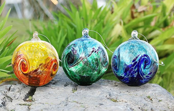 4.6-Inch Solar Hanging Glass Gazing Ball Outdoor Garden Décor Aqua-Green Swirl