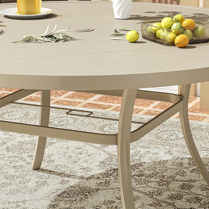 VICLLAX 60" Outdoor Round Patio Dining Table for 8-10, All Weather Metal Dining Table with Umbrella Hole for Deck Lawn Garden Backyard, Sandshell
