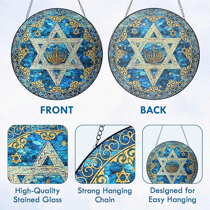 FLAGWIX Christmas Hanukkah Gifts for Women Men - Star of David Stained Glass Window Hanging 10 in - Hanukkah Decorations Suncatcher, Religious Jewish Gifts for Mom Grandma, Christmas Decorations