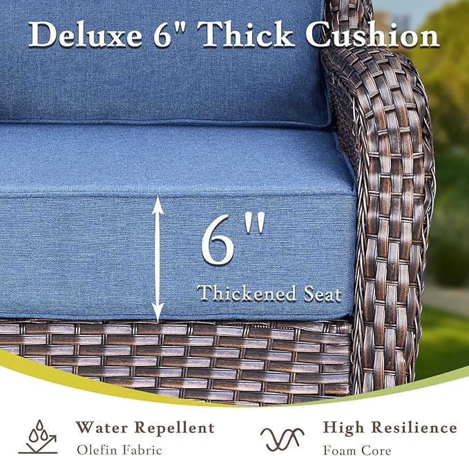 Luxury Outdoor Swivel Rocker Patio Chairs Set of 2, High Back Swivel Patio Chairs with 6-Inch Thick Cushions, Wicker Outdoor Glider for Porch, Yard, Deck, Poolside, Brown/Blue