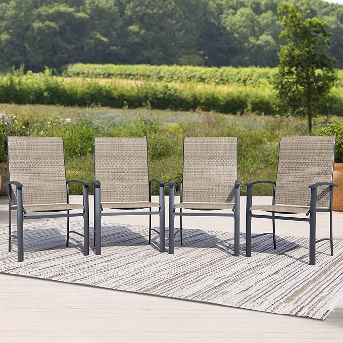 Outdoor Dining Chairs Set of 4, Stackable Patio Chairs with Metal Frame & Textilene Fabric, Perfect for Patio Garden Deck, Mocha