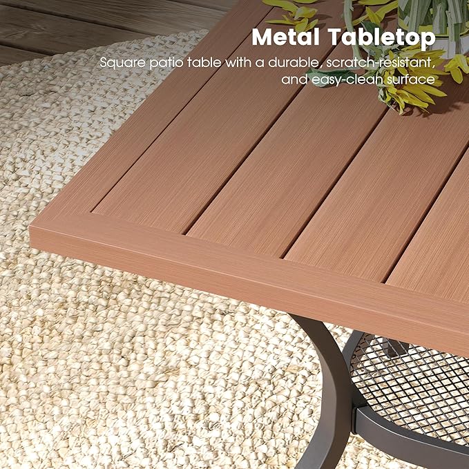 DIFY Outdoor Dining Table, Patio Square Metal Dining Table with 1.57" Umbrella Hole for 4 Person, Ideal for Poolside, Deck, Garden and Balcony, Walnut
