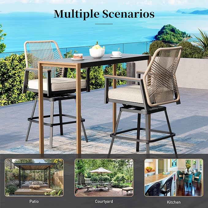 Outdoor Swivel Bar Stools Set of 4, Rattan High Top Patio Chairs with Waterproof Cushion and Armrest, All-Weather Bar Height Furniture for Outside Patio Balcony and Pool, Beige