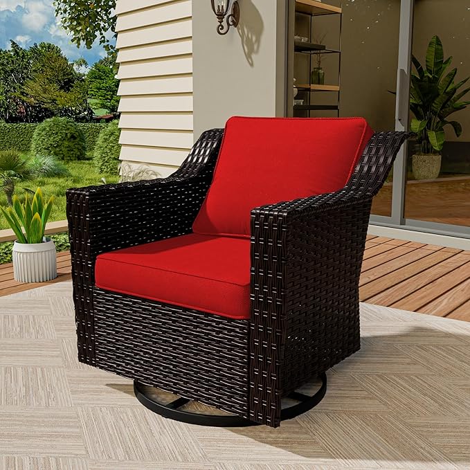 Vista Vibe Outdoor Patio Deep Seat Luxurious Chair - 360 Degree Swivel Glider Rocker Chair with Washable Cushions, Hand-Woven & All-Weather PE Rattan, Balcony, Yard (Brown/Red)