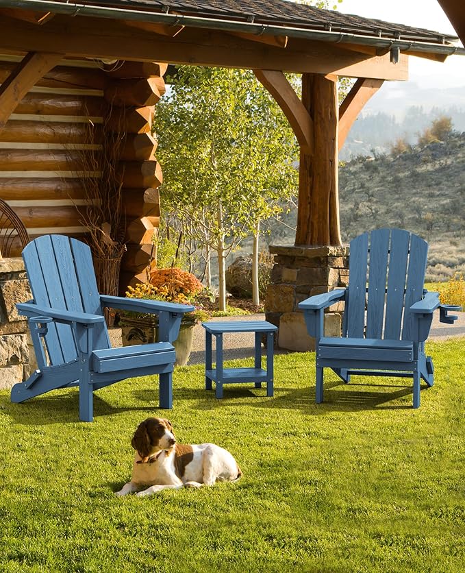 SERWALL Folding Adirondack Chair Set of 6, Adjustable Adirondack Chair with 3 Recline Positions, All Weather HDPE Outdoor Adirondack with Cup Holders, Blue