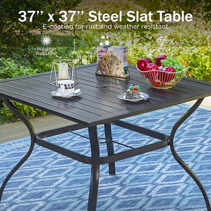 PHI VILLA 5-Piece Outdoor Dining Set, 4 Steel Metal Swivel Patio Chairs & 1 Square Dining Table, Paperclip Pattern Back, Classic Black