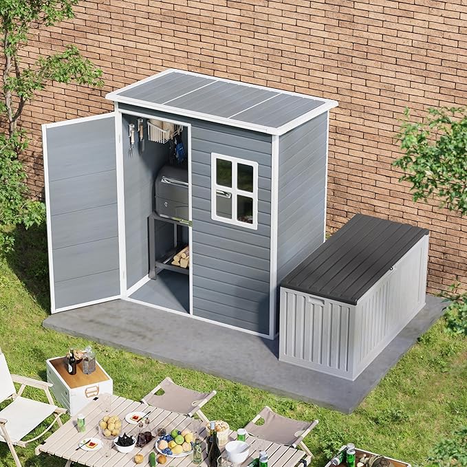 Gizoon 5x3 FT Outdoor Storage Shed with Lockable Door, Resin Weatherproof Plastic Garden Shed with Floor & Ventilation, Backyard Shed for Patio, Lawn Tools, Bike, and Toys