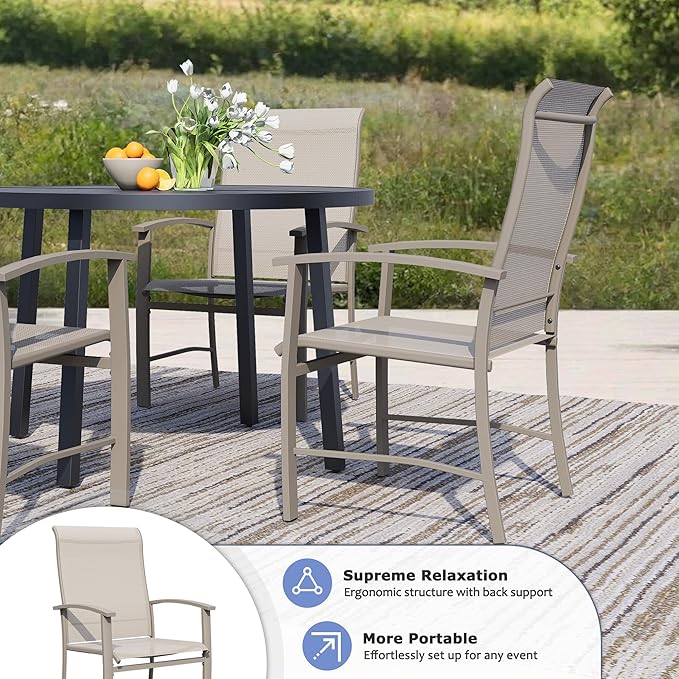 Outdoor Dining Chairs Set of 6, Stackable Patio Chairs with Metal Frame & Textilene Fabric, Perfect for Patio Garden Deck, Ivory