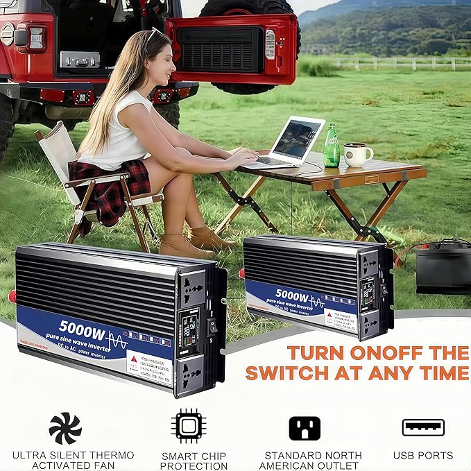 5000W Power Inverter 48V DC to 110V AC Converter with LED Display Dual AC Outlets Dual Fans Radiating for RV, Camp, Boat and Home Emergency Portable Pure Sine Wave Inverter (Smart Screen, 5000W 48V)