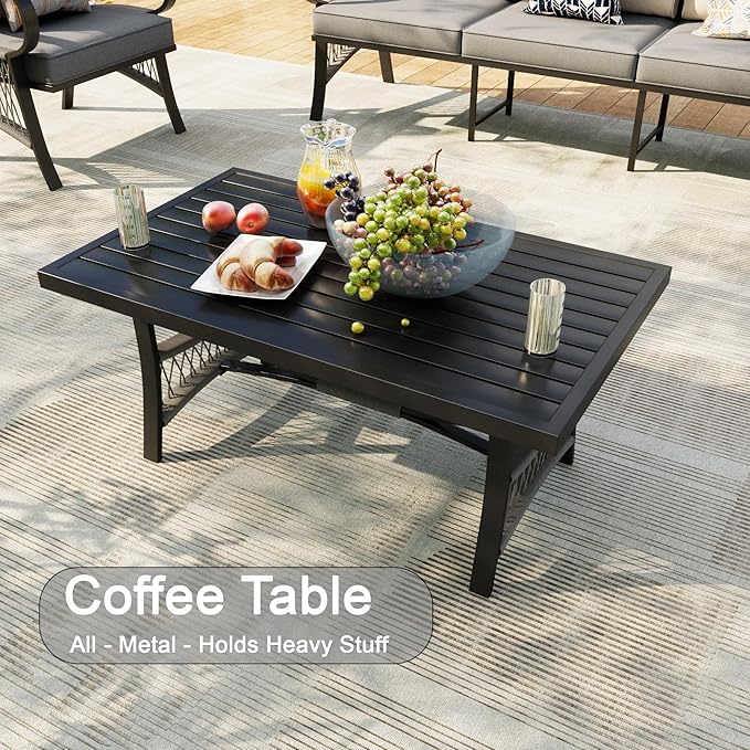 6 Pieces Patio Conversation Sets, All Weather Metal Outdoor Furniture Set, 3-Seater, 2 Single Chairs, 1 Loveseat, 1 Coffee Table, 1 Fire Pit Table for Backyard Garden Deck Porch Poolside, Gray