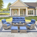Luxury High Back Outdoor Furniture with 6-Inch Thick Cushions, Patio Furniture Set with Swivel Chairs, 6 PCS Wicker Conversation Set for Porch, Balcony, Deck and Yard