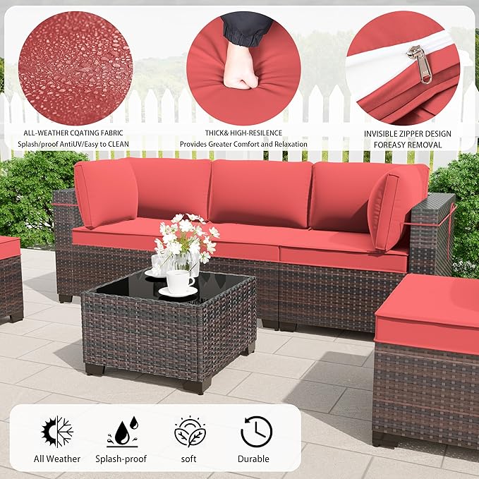 13 Pieces Outdoor Patio Furniture Set with Propane Fire Pit Table Outdoor Furniture Patio Sectional Sofa Conversation Sets w/ETL Approved 43" Gas Outdoor Fire Table & Coffee Table (Red)