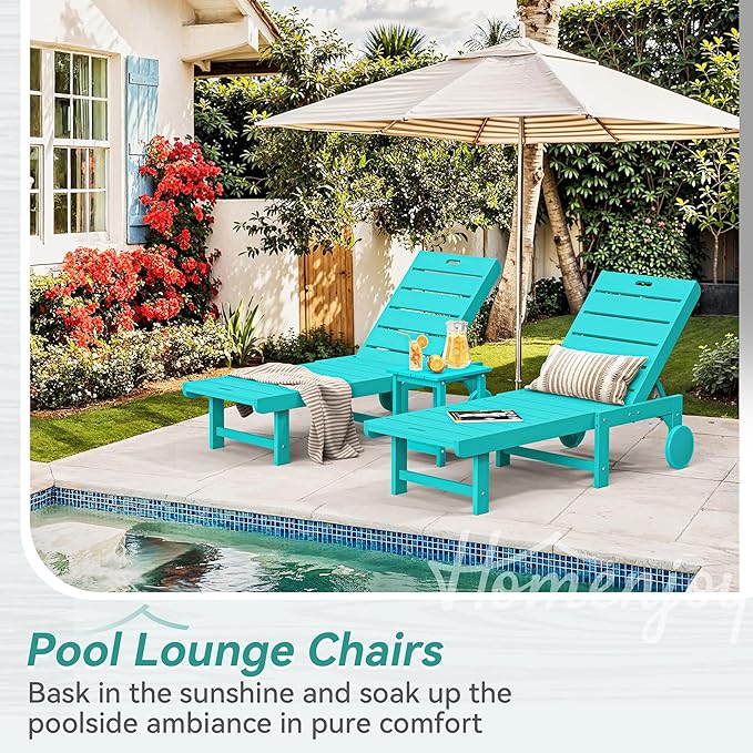 Outdoor Chaise Lounge Chairs, 26.8” Super Wide Lounge Chair Outdoor, HDPS Pool Chairs with 5 Positions, Patio Lounge Chair with Wheels for Pool,Lawn,Backyard, Aruba Blue