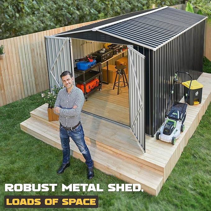 Polar Aurora 8 x 12 FT Outdoor Storage Shed, Metal Garden Shed with Updated Frame Structure, Tool Sheds for Backyard Garden Patio Lawn Black
