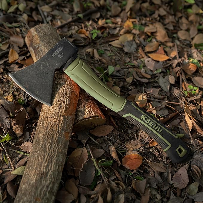 KSEIBI Hatchet with Sheath, Camping Axe for Splitting and Kindling Wood, Forged Steel Blade with Anti-Slip and Shock Reduction Handle Great Throwing Hatchets (Sausalito Green)