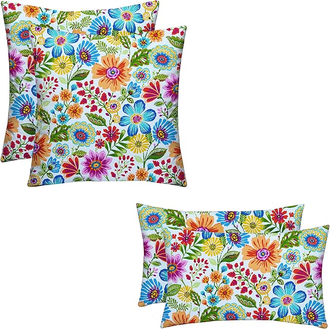 RSH DECOR: Lumbar & Square Throw Pillows Set of 4 | 20" x 12" & 17" x 17" | All-Weather Spun Fabric | Water and Fade-Resistant | Outdoor Accent Pillows for Patio Furniture | Gregoire Fresco