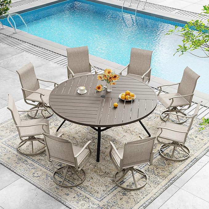 DIFY 59.8" Round Outdoor Patio Dining Table for 8-10, All-Weather Metal Steel Slatted Patio Table with 1.57" Adjustable Umbrella Hole, for Lawn Garden Porch Backyard, Grey Wood-Like