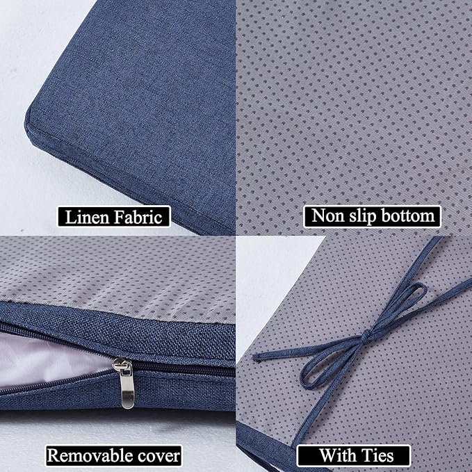 48 x 14 Inch Piano Bench cushons for Indoor Furniture with Ties Non Slip Kitchen Dining Room Bench seat Cushion for Show Storage, Window, Settee, Ottoman，Navy Blue