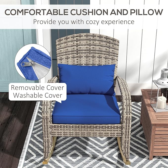 Outsunny Outdoor Wicker Adirondack Rocking Chair, Patio Rattan Rocker Chair with High Back, Seat Cushion, and Pillow for Garden, Porch, Balcony, Dark Blue