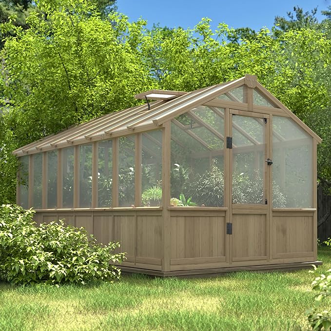 Mupater 8 x 16 FT Wooden Greenhouse for Outdoor, Heavy Duty Greenhouse Kit with Vent Window and Lockable Door, Walk-in Green House for Garden, Patio, Backyard and Lawn, Brown