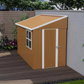 8x4 FT Outdoor Steel Storage Shed with Clear Windows, Outswing Lockable Door & Ventilation, Brown and White Weather-Resistant Metal Tool Shed for Garden, Backyard, Lawn, and Utility Storage