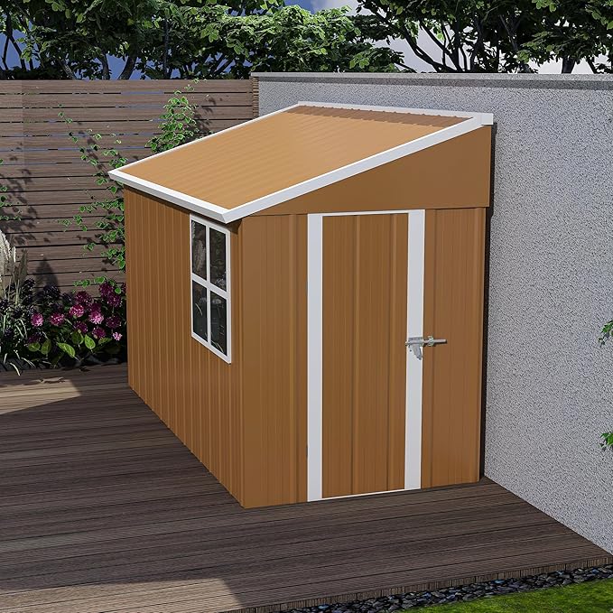 8x4 FT Outdoor Steel Storage Shed with Clear Windows, Outswing Lockable Door & Ventilation, Brown and White Weather-Resistant Metal Tool Shed for Garden, Backyard, Lawn, and Utility Storage