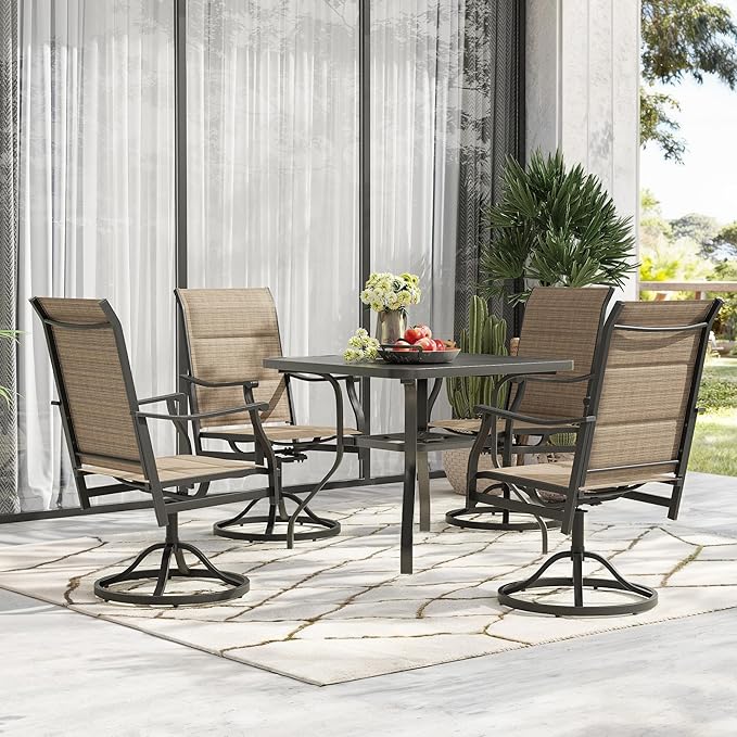Swivel Patio Chairs Set of 4, Outdoor Patio Dining Chairs with Padded Textilene, Swivel & Rocker Metal Outdoor Dining Chair All-Weather for Backyard, Brown Fabric with Black Frame