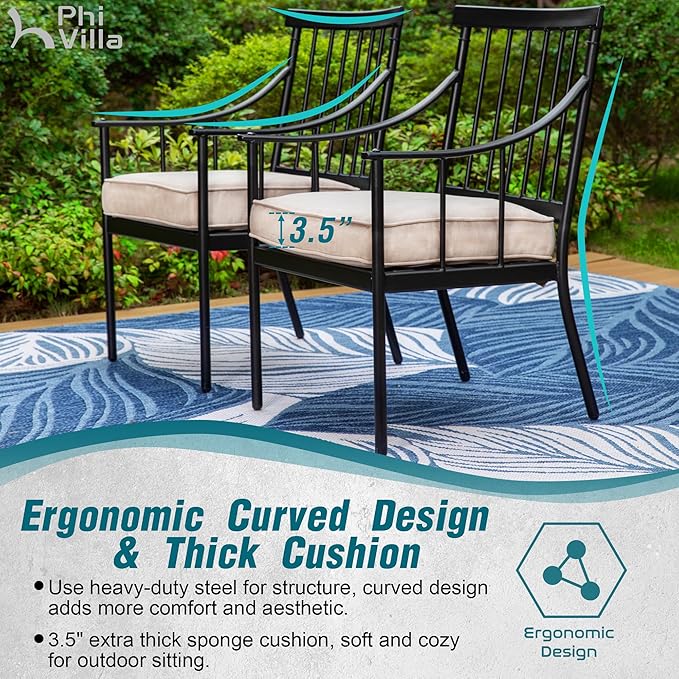 PHI VILLA 7 Pieces Outdoor Dining Set with Cushion for 6, 60” Rectangular Metal Dining Table with Umbrella Hole & Cushioned Iron Swivel Chairs Furniture Set for Patio, Deck, Yard