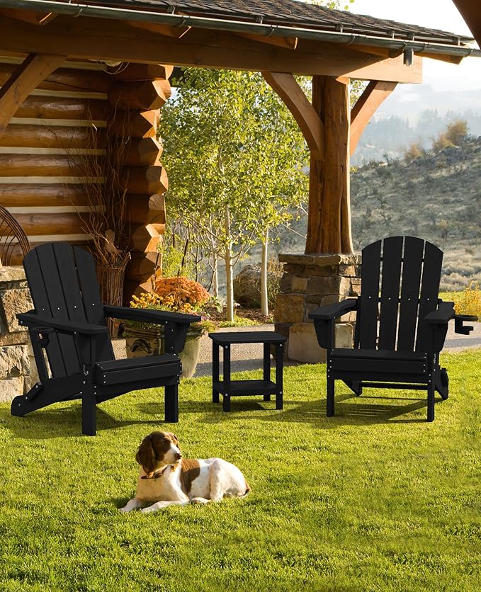 SERWALL Folding Adirondack Chair Set of 8, Adjustable Adirondack Chair with 3 Recline Positions, All Weather HDPE Outdoor Adirondack with Cup Holders, Black