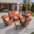 ovios 9 Pieces Patio Furniture Set, Outdoor Wicker Sofa Couch with Swivel Chairs Ottomans Comfy Cushions, High Back All Weather Modern Conversation Sets, Brown Rattan, Orange Red