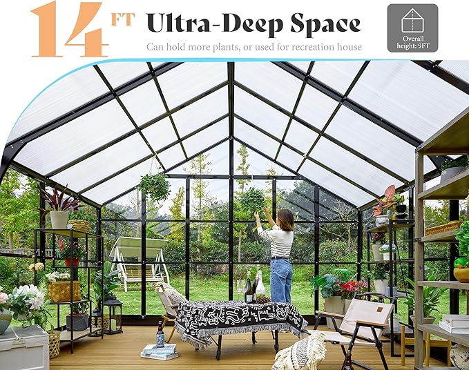 AMERLIFE 12x13.5x9 FT Hybrid Polycarbonate Greenhouse with Quick Connector Fast Assembly Clear Panels, Walk-in Large Aluminum Greenhouses for Outdoors, Swing 2 Doors 4 Vents, Black