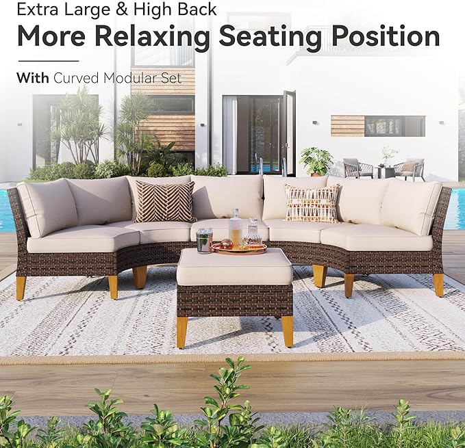GREEN PARTY 7 Pieces Wicker Patio Furniture Set with 56" Fire Pit Table, All-Weather Outdoor Rattan Patio Half-Moon Curved Sectional Sofa Conversation Set for Garden, Backyard