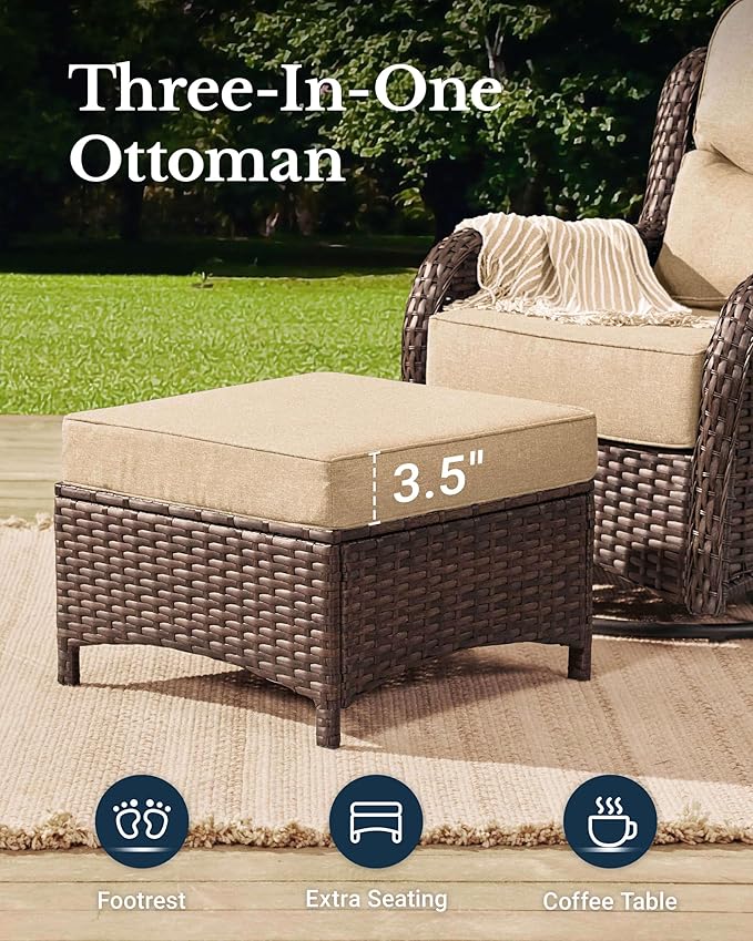 HILLGA Luxury Patio Furniture Set with 6-Inch Thick Cushions, High Back Outdoor Swivel Rocker Chairs and Ottoman, 5-Piece All Weather Conversation Set for Porch Deck Balcony Yard, Beige (V3)