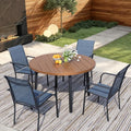 5 Pieces Round Dining Table Set for 4, Patio Dining Set Includes 4 Blue Stackable Patio Chairs and 1 Walnut Round Table, Patio Furniture Sets with Sling Support for Outside, Garden