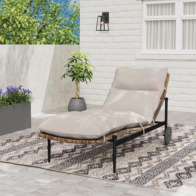 Chaise Lounge Chair Outdoor - PE Rattan Wicker Patio Pool Lounge Chair with Cushion and Wheels, Aluminum Waterproof Chaise Lounger for Poolside Backyard Deck Porch