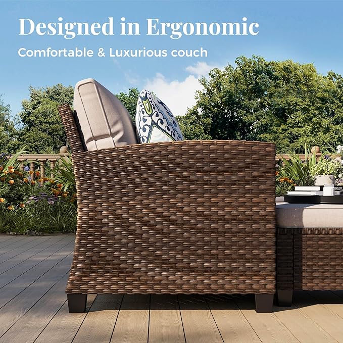 Patio Furniture Set, 6 Pcs Wicker Rattan Outdoor Conversation Set, 2 x Leg Chairs, 1 x 3 Seater Sofa and 2 x Ottoman with 4" Thick Cushion and 56" Fire Pit Table, Beige