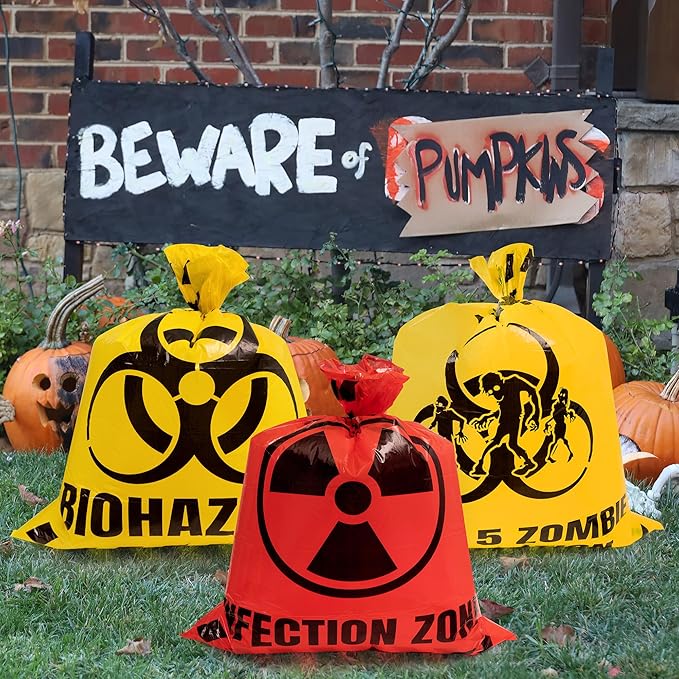 CNhoqc Halloween Lawn Trash Bags - 24Pcs Zombie Warning Reusable Waste Bags with Twist Ties, Fallen Leaf Grass Clipping Trash Container, Heavy-Duty Plastic for Biohazard Parties Outdoor Decorations