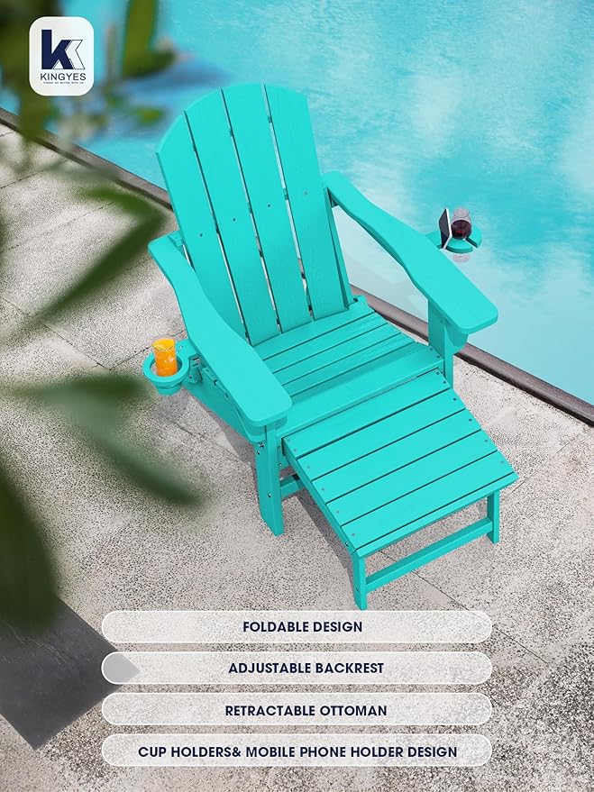 KINGYES Folding Adjustable Adirondack Chair with Retractable Ottoman Set of 4, Aruba
