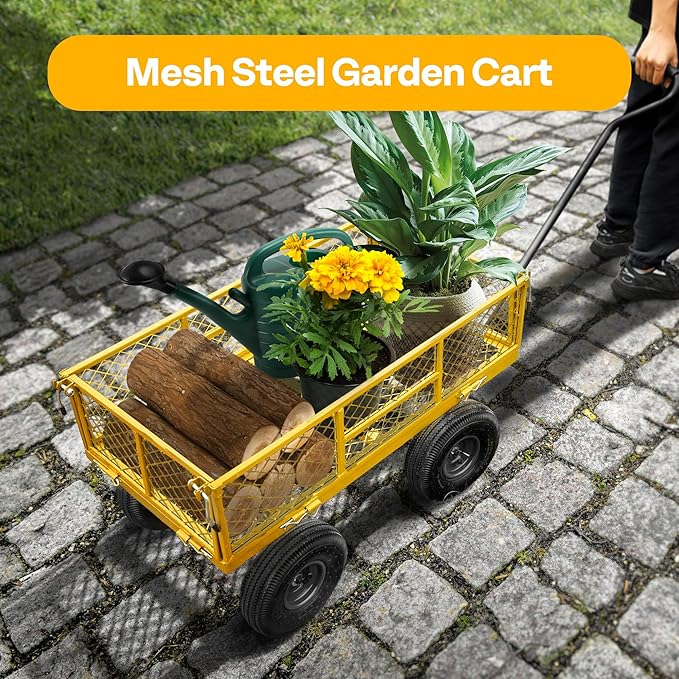 VIVOHOME Steel Garden Cart Heavy Duty 880 Lbs Capacity Folding Utility Wagon with Removable Sides and 10 inch Wheels (Yellow)