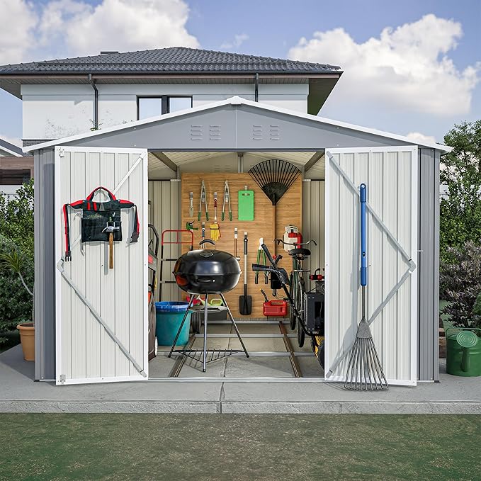 10×10 FT Outdoor Storage Shed,Metal Aluminum Waterproof Tool Sheds with Foundation,Doors & Vents,Heavy-Duty Sheds Unit W/Lock & Key,for Storing Bicycles,Lawnmowers,Barbeques,Gray