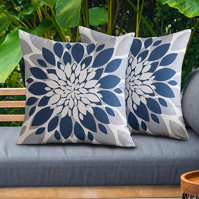 Qahing Pack of 4 Outdoor Waterproof Pillow Covers 20x20 Decorative Outdoor Throw Pillows Garden Square Cases for Patio Furniture, Couch, Tent Sunbrella, Bench, Blue Grey