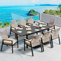 9 Pieces Patio Dining Set, 8 x Woven Rattan Chairs with Waterproof Cushion, 84" Extendable Rectangular Dining Table, Outdoor Table and Chairs Set for Backyard Lawn and Deck, Beige