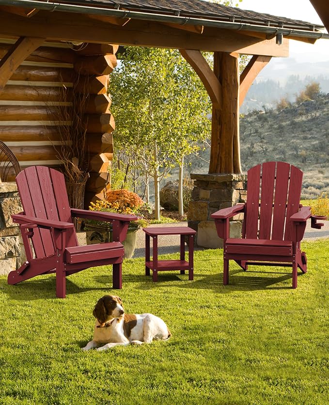 SERWALL Folding Adirondack Chair Set of 6, Adjustable Adirondack Chair with 3 Recline Positions, All Weather HDPE Outdoor Adirondack with Cup Holders, Red