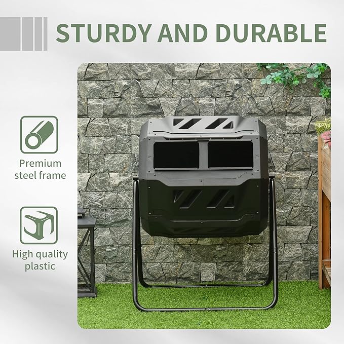 Compost Bin Outdoor, 43 Gallon Dual Chamber Tumbling Composting with Sliding Doors, Large Compost Tumbler, Compost Bin for Garden, Kitchen, and Yard Waste, Black