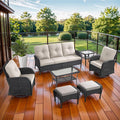 7 Piece Patio Furniture Set - Wicker Patio Conversation Set with Swivel Glider, 3 Seat Sofa, 2 Ottomans, Glass Side Table and Coffee Table for Deck Backyard - Black Wicker Beige Cushion