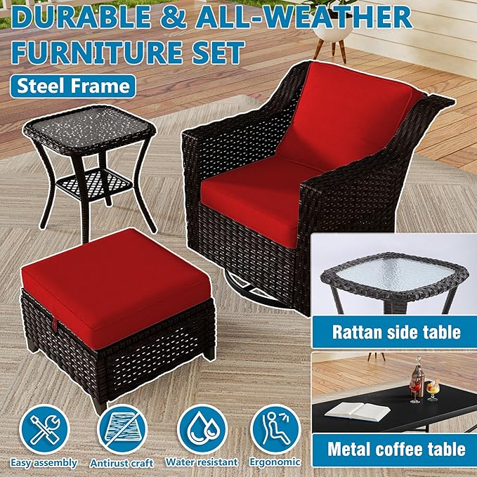 Vista Vibe 5 Pieces Outdoor Rattan Patio Conversation Furniture Set - 360 Degree Swivel Glider Rocker Chairs | Coffee Table | 2 Wicker Ottomans, Premium & Washable Cushions, Terrace (Brown/Red)