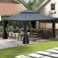Domi 12’x16’ Outdoor Gazebo Hardtop with Gutters, Patio Gazebo Canopy with Resin & Metal Roof, Heavy Duty Permanent Pavilion for Backyard, Garden, Deck, Hot Tub, Curtains and Mosquito Netting Included